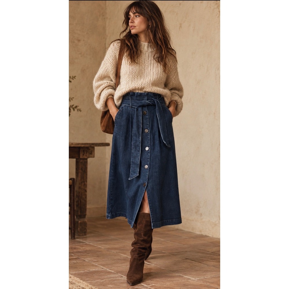 Sézane Leandra Dark Blue Denim Belted Button Front Midi Skirt Size 34
US 2